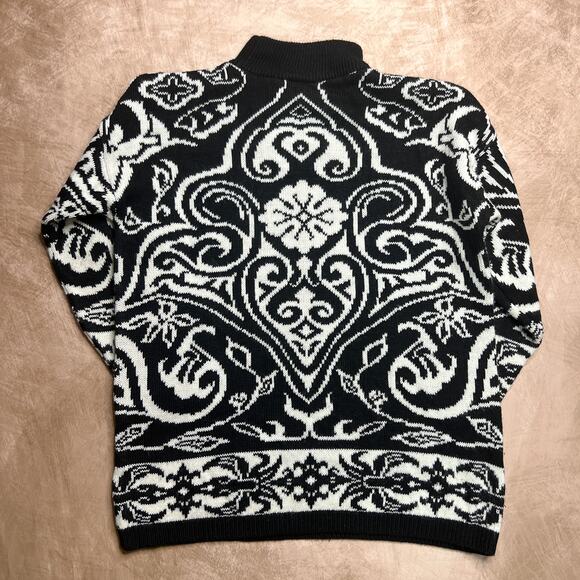 Vintage 80s Sweater Exchange Floral Mock Neck Oversized Top Black White Knit Mod - Picture 2 of 6